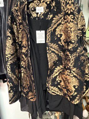 NWT Jaclyn Smith Black Gold Chenille Brocade Ruffle Jacket Plus 3X